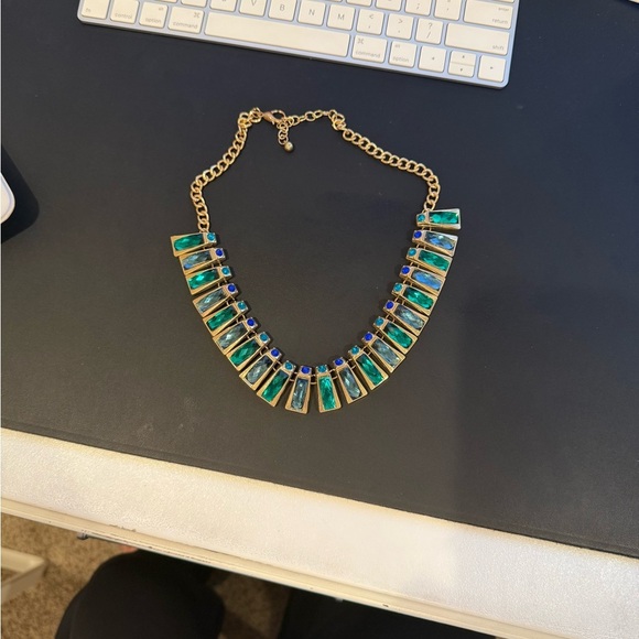 Gold and Blue Geometric Statement Necklace - Picture 5 of 6